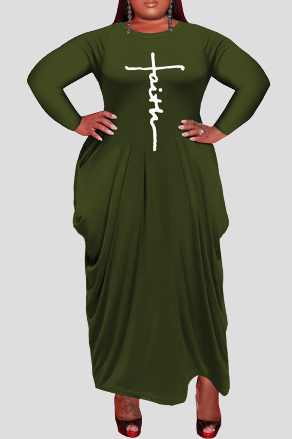 Армейский зеленый Модные повседневные платья больших размеров с асимметричным вырезом и длинным рукавом с принтом