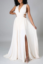 Cream White Elegant Solid Hollowed Out Patchwork V Neck Straight Dresses