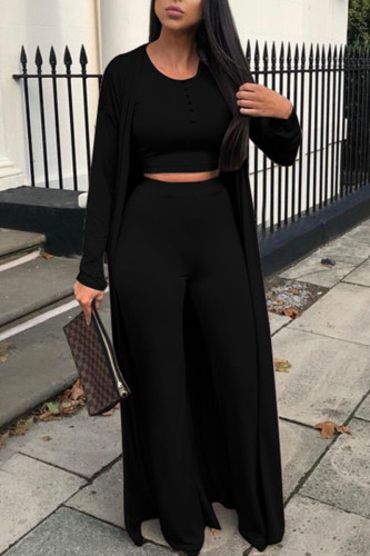 Black Casual Solid Patchwork Buttons O Neck Sleeveless Three Pieces Long Cardigan Crop Tops And Wide Leg Pants