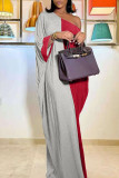 グレー ファッション カジュアル パッチワーク ベーシック オブリーク カラー ロング スリーブ ドレス