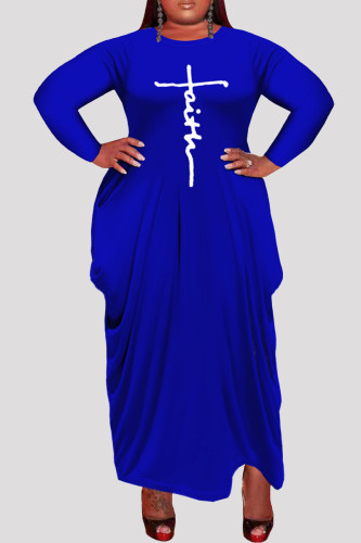 Vestidos de manga comprida casual moda azul escuro com estampa assimétrica decote em O