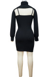 Black Sexy Solid Patchwork Asymmetrical Turtleneck Long Sleeve Two Pieces
