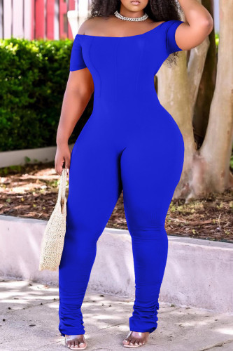Blue Fashion Casual Solid Fold Off the Shoulder Regular Jumpsuits