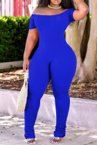 Blå Mode Casual Solid Vik av axeln Vanliga Jumpsuits