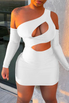 White Fashion Sexy Solid Hollowed Out Backless One Shoulder Long Sleeve Dresses
