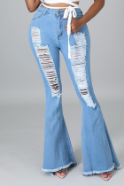 Light Blue Sexy Solid Mid Waist Boot Cut Flare Leg Ripped Denim Jeans