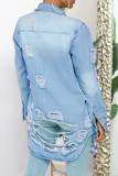 Ljusblått Mode Casual Butterfly Print Ripped Turndown-krage Långärmad vanlig jeansjacka