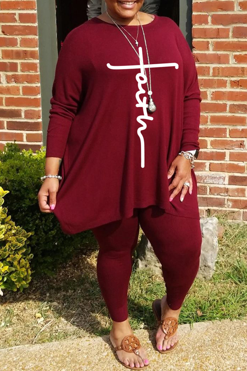 Burgundy Fashion Casual Print Basic O Neck Plus Size Two Pieces