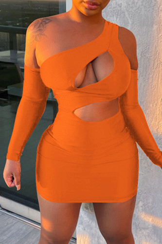 オレンジ ファッション セクシー ソリッド くり抜き バックレス ワンショルダー ロング スリーブ ドレス