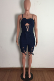 The cowboy blue Sexy Solid Hollowed Out Spaghetti Strap Sleeveless Skinny Denim Jumpsuits