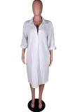 Белое сексуальное однотонное асимметричное платье-рубашка с отложным воротником Платья (без пояса)