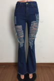 The cowboy blue Sexy Solid Mid Waist Boot Cut Flare Leg Ripped Denim Jeans