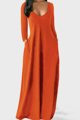 Tangerine Red Casual Solid Patchwork V-Ausschnitt Gerade Kleider