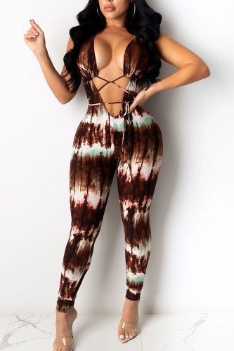 Brown Sexy Print Tie Dye Hollowed Out Patchwork Frenulum V Neck Skinny Jumpsuits