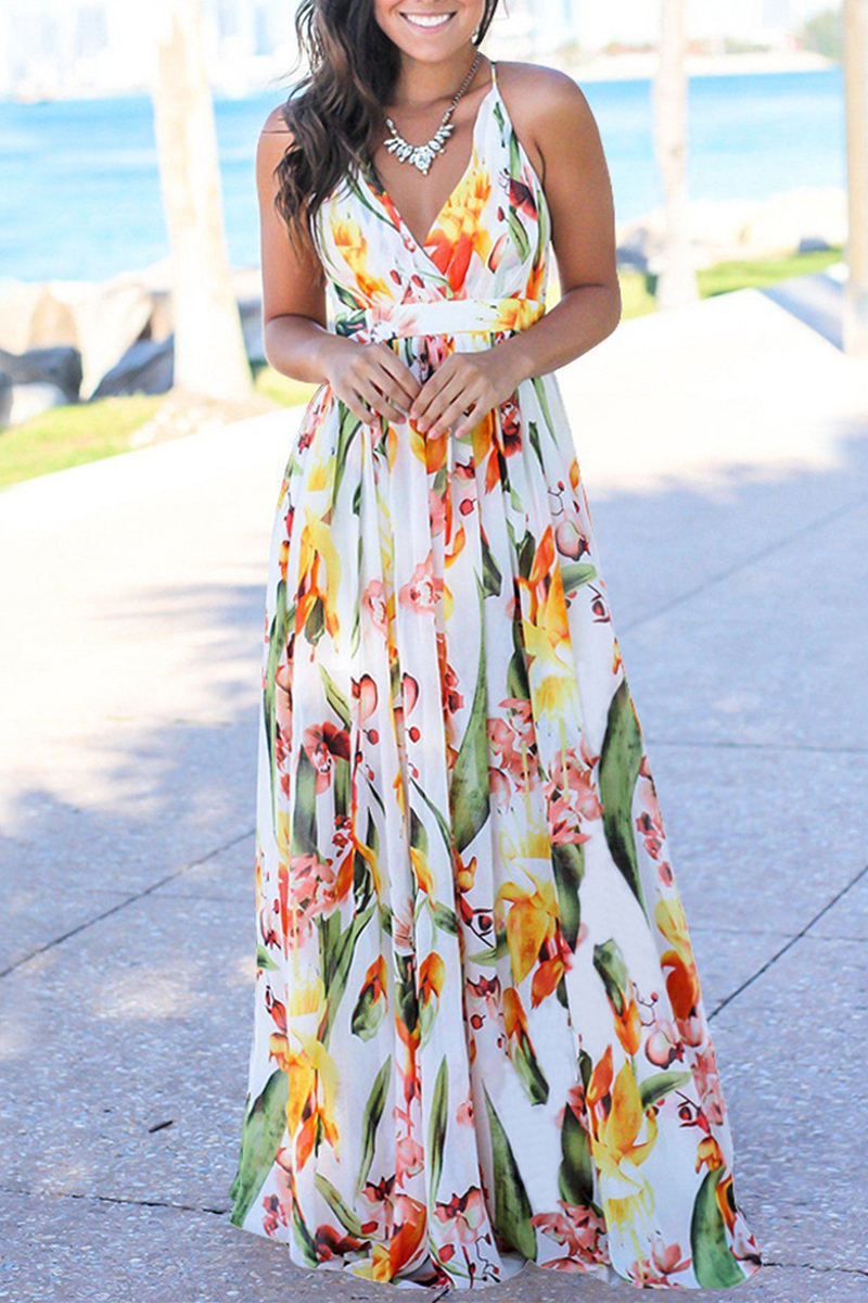 

White Casual Print Split Joint V Neck Cake Skirt Dresses
