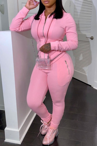 Pink Casual Solid Split Joint Zipper Hooded Collar Long Sleeve Two Pieces