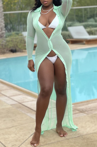 Cobertura de roupa de banho de malha transparente sexy e sólida verde-clara