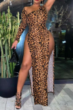 Luipaardprint Sexy luipaard hoge opening een schouder onregelmatige jurk Jurken