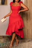 Rode sexy casual effen patchwork lange jurk met spaghettibandjes