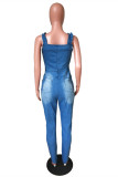 Babyblå Sexig Casual Solid Ripped Backless Spaghetti Strap Skinny Jumpsuits