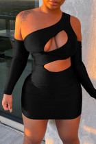 Black Fashion Sexy Solid Hollowed Out Backless One Shoulder Long Sleeve Dresses
