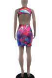 Red Blue Sexy Print Hollowed Out Patchwork Backless U Neck Vest Dress Dresses