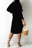 Черное сексуальное однотонное асимметричное платье-рубашка с отложным воротником Платья (без пояса)