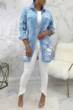 Veste en jean classique à la mode décontractée à imprimé papillon déchiré col rabattu manches longues bleu clair