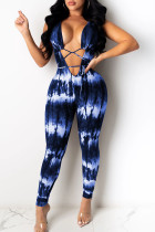 Blauwe sexy print tie-dye uitgeholde patchwork frenulum skinny jumpsuits met V-hals