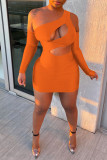Orange Mode Sexy solide évidé dos nu une épaule robes à manches longues