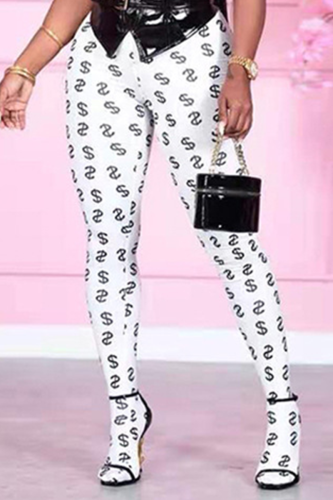 White Sexy Print Patchwork Skinny Mid Waist Pencil Full Print Bottoms