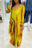 Желтые модные повседневные платья с принтом и V-образным вырезом с длинным рукавом