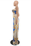 Blauwe sexy casual print uitgeholde backless strapless regular jumpsuits