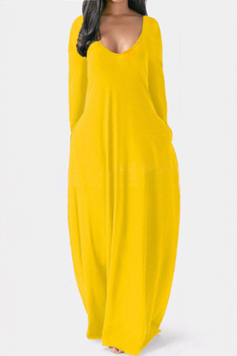 Vestidos rectos con cuello en V de patchwork sólido casual amarillo
