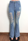 Hellblaue, sexy, solide, zerrissene Denim-Jeans mit mittlerer Taille und Boot-Cut