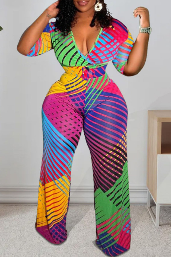 Colour Sexy Striped Print Patchwork With Belt V Neck Plus Size Jumpsuits