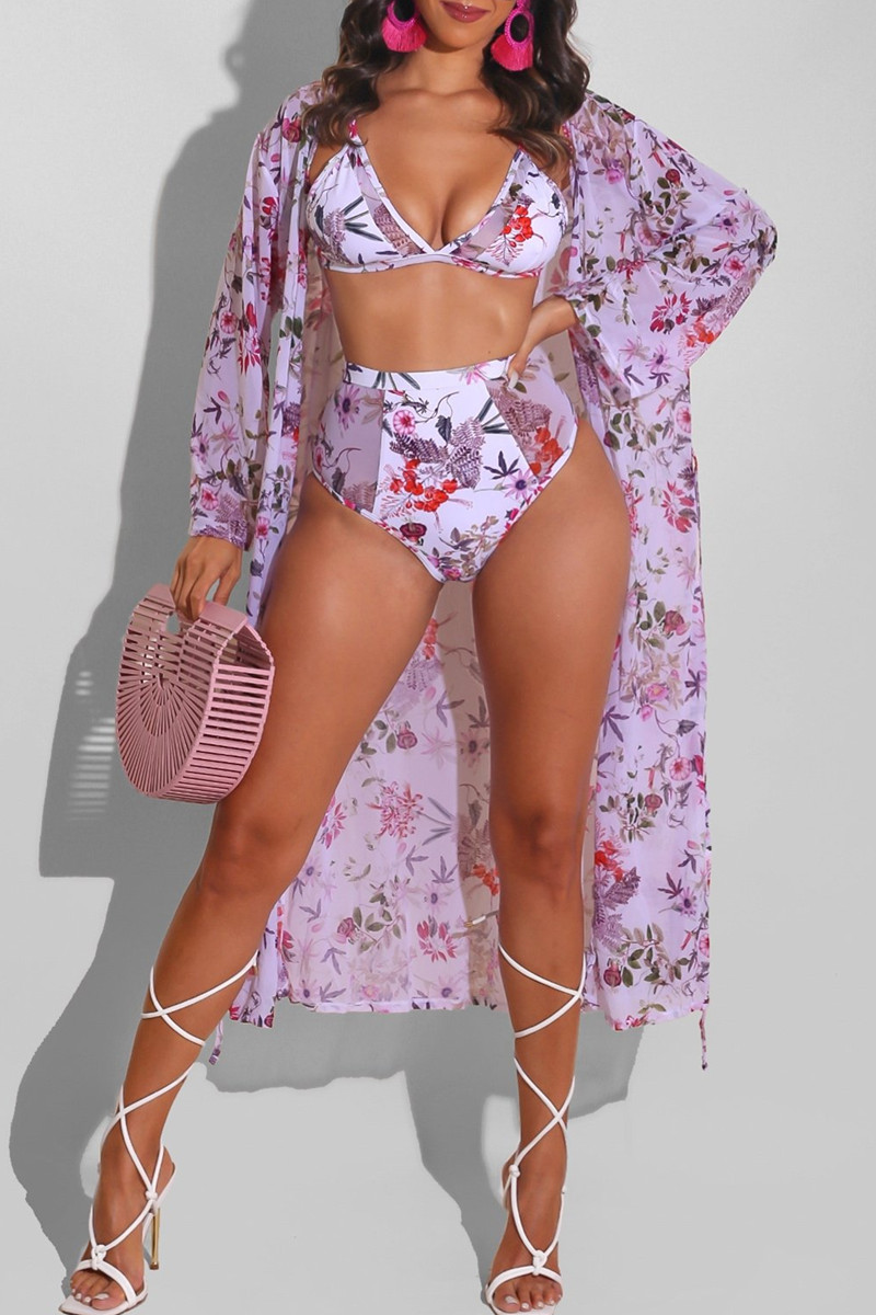 

Pink Purple Fashion Sexy Print Cardigan Swimwears