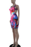 Red Blue Sexy Print Hollowed Out Patchwork Backless U Neck Vest Dress Dresses