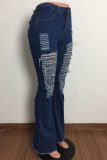 Die Cowboy Blue Sexy Solid Ripped Mid Waist Boot Cut Denim Jeans