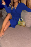Blauwe sexy effen patchwork v-hals onregelmatige jurkjurken