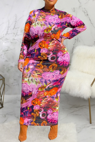 Multicolore imprimé sexy patchwork demi-jupe crayon à col roulé robes de grande taille