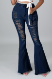 Jeans jeans azul claro sexy com rasgo e cintura média com corte de bota
