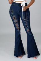 Сексуальные однотонные рваные джинсовые джинсы ковбойского синего цвета со средней посадкой