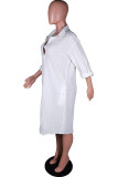 Белое сексуальное однотонное асимметричное платье-рубашка с отложным воротником Платья (без пояса)