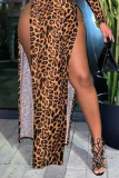 Luipaardprint Sexy luipaard hoge opening een schouder onregelmatige jurk Jurken