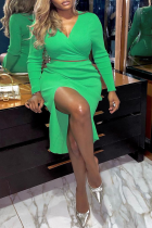 Green Sexy Solid Split Joint V Neck Irregular Dress Dresses