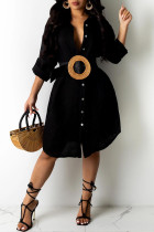 Черное сексуальное однотонное асимметричное платье-рубашка с отложным воротником Платья (без пояса)