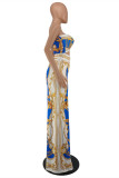 Blue Sexy Casual Print Hollowed Out Backless Strapless Regular Jumpsuits