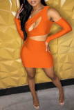 Orange Mode Sexy solide évidé dos nu une épaule robes à manches longues