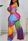 Colour Sexy Striped Print Patchwork With Belt V Neck Plus Size Jumpsuits